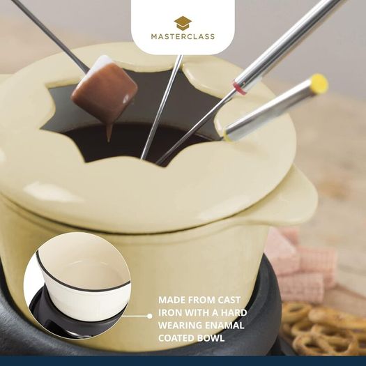 MasterClass Cast Iron Fondue Set, Fondue Pot with 6 Forks and Cast Iron Enamelled Bowl, Superior Heat Retention & Adjustable Burner, Gift Boxed, Cream, 21x18cm