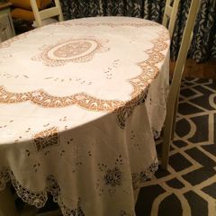 Stunning Hand crochet lace linen tablecloth.