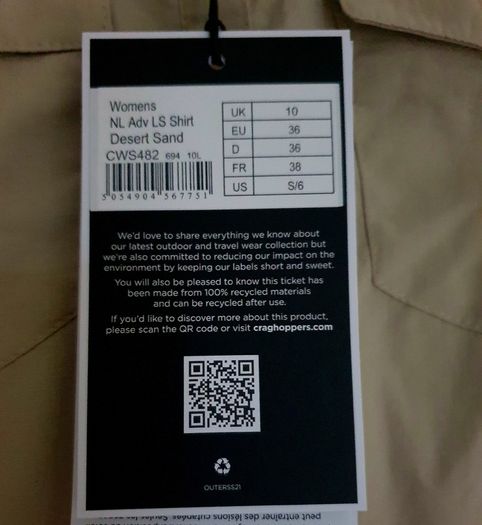 Craghoppers Nosi Life camino travel hiking shirt NEW w tags