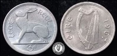 [#2531] - Ireland 1967 | Irish 3d | 3 Pence | Hare | KM.12a | UNC TONED