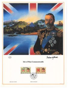 1985 Isle of Man Limited Edition Lithographed Print measuring 333mm X 257mm showing Links with the Commonwealth Commemorative Stamp with First Day of Issue Cancel