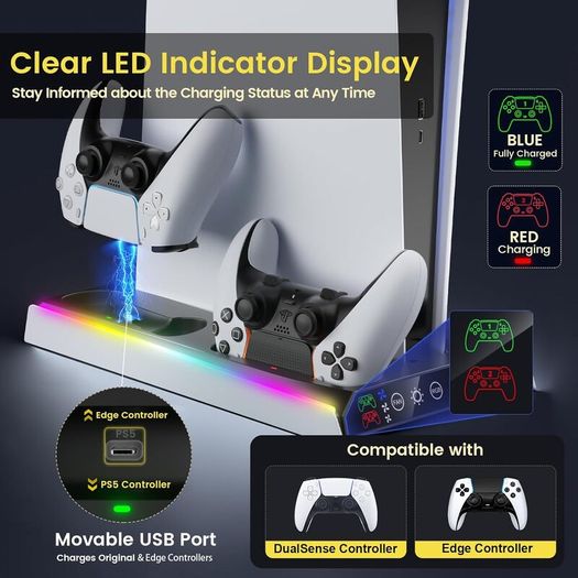 PS5/Slim/Pro Stand with Adjustable Cooling Fan, Vertical PS5 Cooling Charger Stand for PS5/Slim/Pro, Multifunctional PS5 Slim Cooling Station with Dual Controller Chargers and RGB Light