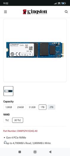 1tb Nvme Ssd Kingston M.2 2280 TLC Pcie 4.0 X4 4700/3800mb/s 640TBW