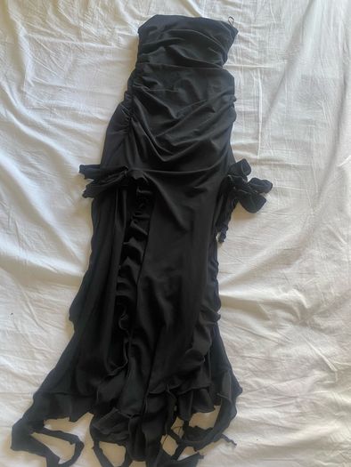 Black Strapless Ruched Maxi Dress with Cascading Ruffle Slit