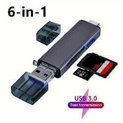 6-in-1 USB 3.0 Multi-Function Aluminum Alloy Card Reader - Supports TF/SD Cards and USB Drives for Smartphones, Dash Cams, Cameras, and Computers