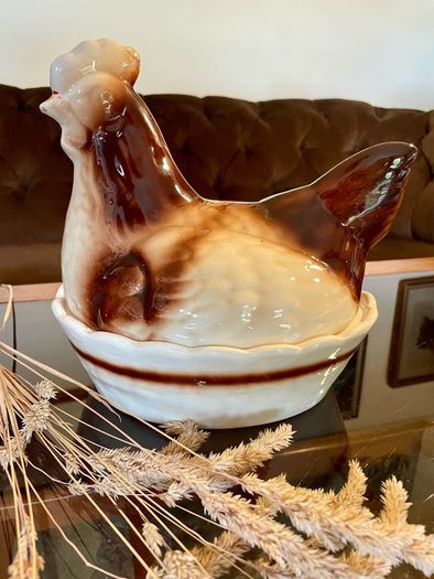 Vintage Rustic Cream Ceramic Hen on Nest Egg Keeper Storage Jar