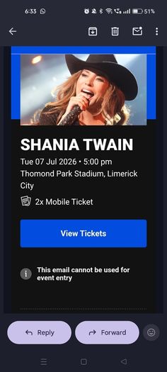 2 x Shania Twain standing general admission tickets
