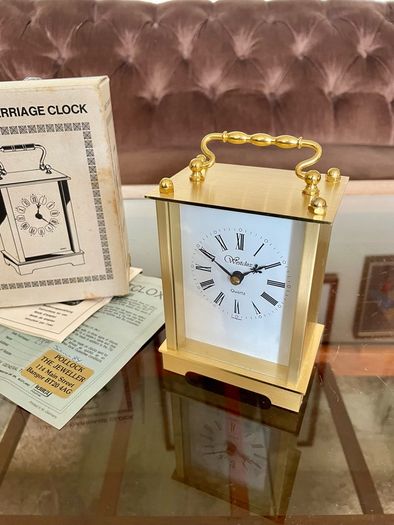 As New Vintage Westclox Quartz Carriage Clock Gold Metal Rectangular Roman Numerals Analogue 1980s