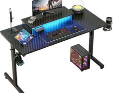 Small Gaming Desk 106.6 CM LED Computer Desk with Monitor Stand Gamer Workstation with Cup Holder & Headset Hooks for Home Office Bedroom Small Space