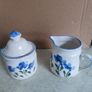 Vintage 1990s small hand-painted blue floral ceramic creamer and sugar bowl set with lid flower 90s Image 7