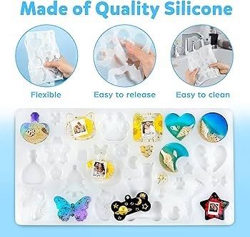 FREE P&P 182Pcs Resin Moulds Silicone Kit, 32 Pendants Epoxy Resin Moulds Keychain Making Set, DIY Jewelry Resin Keychain Molds for Keyring Charm Craft