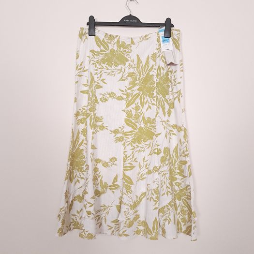 Marks & Spencer White Olive Green Floral Print A-line Midi Skirt 14UK/42EU