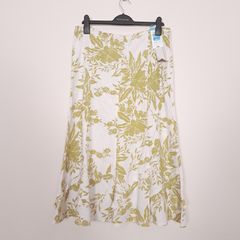 Marks & Spencer White Olive Green Floral Print A-line Midi Skirt 14UK/42EU