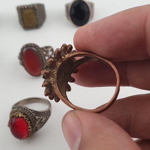 15 Antique Style Brass Rings Mixed Stone & Colourful Glass Accents