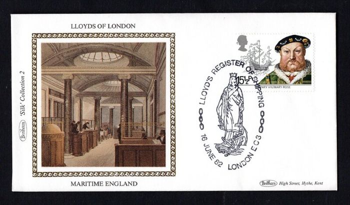 1982 Great Britain Benham Silke Showing image of Lloyds of London with 15 1/2p Henry VIII and Mary Rose commemorative stamp tied with Lloyds Register of Shipping London EC3