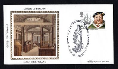 1982 Great Britain Benham Silke Showing image of Lloyds of London with 15 1/2p Henry VIII and Mary Rose commemorative stamp tied with Lloyds Register of Shipping London EC3
