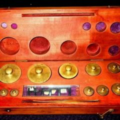 Vintage Apothecary Brass Weights In Wooden Case