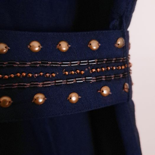 Per Una Navy Blue Linen Embellished Scoop Neck Chiffon Flutter Sleeve Midi Dress 14UK/42EU