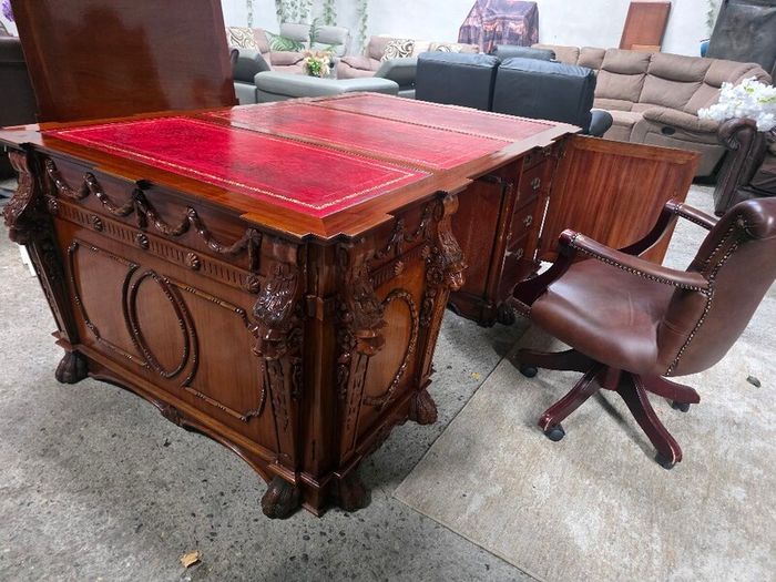 Thomas Chippendale Lions Head Carved Twin Pedestal Partner Desk