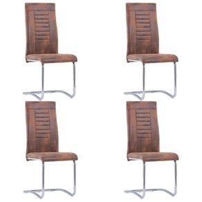 Cantilever Dining Chairs 4 pcs Brown Faux Suede Leather