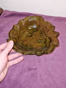 Vintage Indiana Glass Candy Dish Loganberry Berries & Leaves Triangular Green