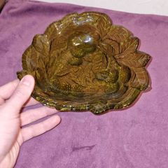 Vintage Indiana Glass Candy Dish Loganberry Berries & Leaves Triangular Green