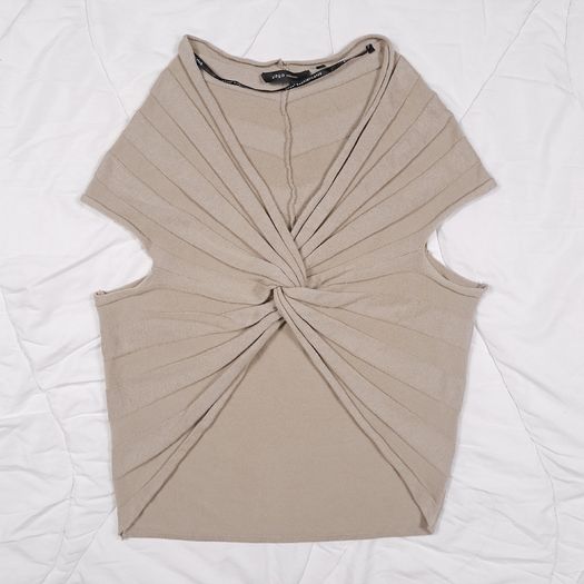 Yaya Beige Taupe Twisted Front Ruched Ribbed Cap Sleeve Knit Top Size L