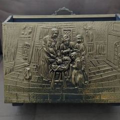 Vintage: Hammered Brass Wood Divided Magazine Rack With Mother & Children Kitchen Scene