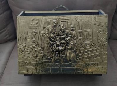 Vintage: Hammered Brass Wood Divided Magazine Rack With Mother & Children Kitchen Scene
