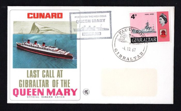 1967 Gibraltar Cover Celebrating Cunard Last Transatlantic Voyage of the Cunard Queen Mary Cover with with Gibraltar Paquebot cancel with separate cancel posted on the High seas