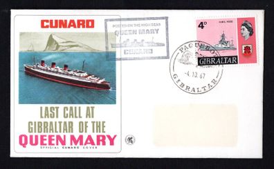 1967 Gibraltar Cover Celebrating Cunard Last Transatlantic Voyage of the Cunard Queen Mary Cover with with Gibraltar Paquebot cancel with separate cancel posted on the High seas
