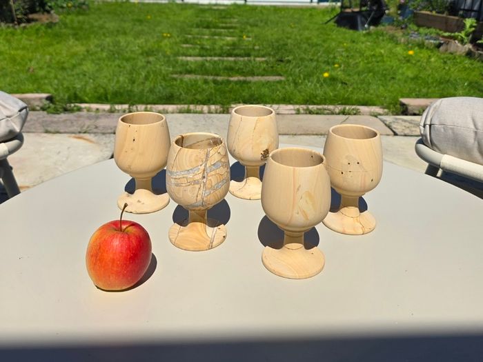 Vintage Teakwood Sandstone Goblets Set of 5 Hand-Carved Stone Wine Cups