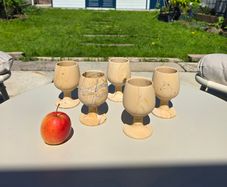 Vintage Teakwood Sandstone Goblets Set of 5 Hand-Carved Stone Wine Cups