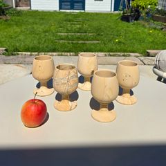 Vintage Teakwood Sandstone Goblets Set of 5 Hand-Carved Stone Wine Cups