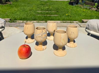 Vintage Teakwood Sandstone Goblets Set of 5 Hand-Carved Stone Wine Cups