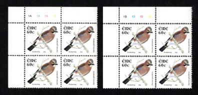 2002-04 Ireland Tenth Definitive Stamps Series Birds 60c Jay Plate Block 1A1A1A1A & 1B1B1B1B Mint Never Hinged (MNH)