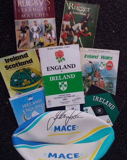 Johnny Sexton Signed Rugby Ball , Former Ireland and Leinster , Rugby Union Player and Coach , with Some Programmes and Books