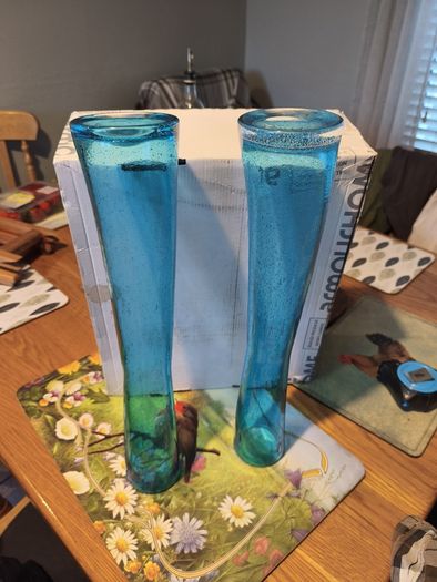 Pair of mid century blue glass vases, Art Glass Soda Bubbles Glass Vase Turquoise Drunken Glass Vase, bubbles trapped in the glass
