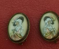 Thomas Mott Clip On Earrings Mid Century Hand Painted Georgian Lady In Hat.