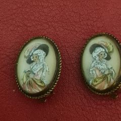 Thomas Mott Clip On Earrings Mid Century Hand Painted Georgian Lady In Hat.