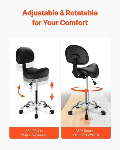 450LBS Saddle Stool with Back Support Rolling Adjustable PU Leather Salon Chair