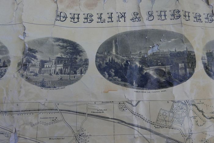 Antique DUBLIN. Map of Dublin & Suburbs with 22 vignettes of Dublin landmarks. Published by Edward Heffernan, 1st June, 1868, 12 Charleville Road, Rathmines. 28" x 22,5". Linen backed. Frayed at edges