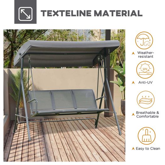 3 Seater Garden Swing Bench with Adjustable Canopy and Steel Frame