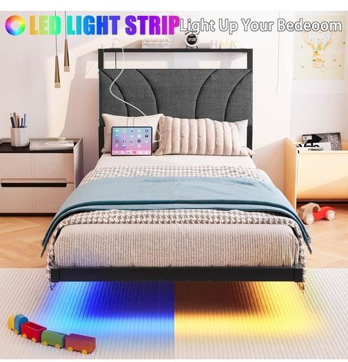 Single with LED Lights,Ergonomic Headboard with USB Charging,Bed Frames Noise-Free Metal Slats,Black