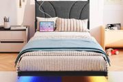 Single with LED Lights,Ergonomic Headboard with USB Charging,Bed Frames Noise-Free Metal Slats,Black