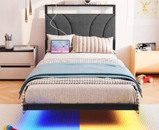 Single with LED Lights,Ergonomic Headboard with USB Charging,Bed Frames Noise-Free Metal Slats,Black
