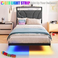 Single with LED Lights,Ergonomic Headboard with USB Charging,Bed Frames Noise-Free Metal Slats,Black