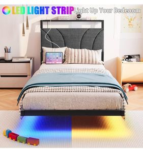 Single with LED Lights,Ergonomic Headboard with USB Charging,Bed Frames Noise-Free Metal Slats,Black