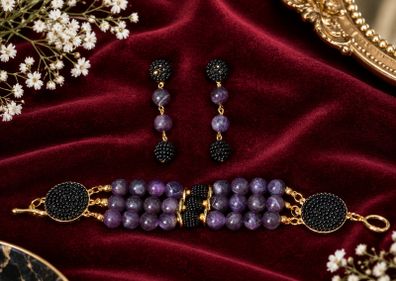 Natural Amethyst Bracelet & Earrings Set