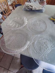 Pair Goran Warff Party Glass Marina Crab Dinner Plates - Kosta Boda, Sweden 1970s HTF
